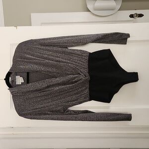 Vintage Glam Disco Silver Drape Front Long Sleeve Body Suit